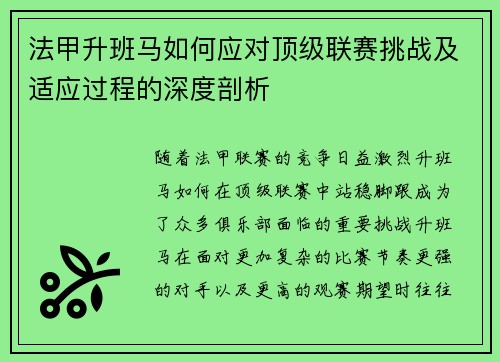 法甲升班马如何应对顶级联赛挑战及适应过程的深度剖析
