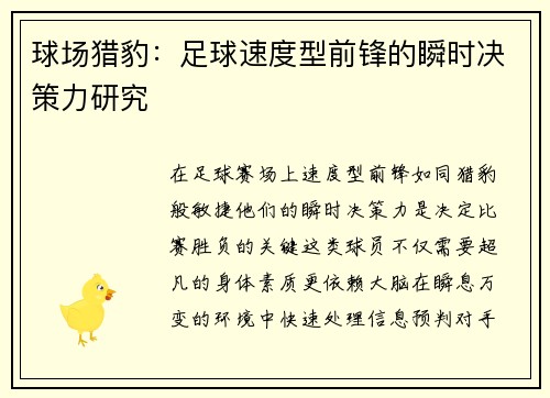 球场猎豹：足球速度型前锋的瞬时决策力研究