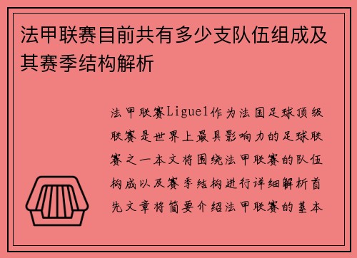 法甲联赛目前共有多少支队伍组成及其赛季结构解析