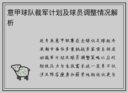 意甲球队裁军计划及球员调整情况解析