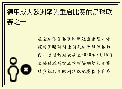 德甲成为欧洲率先重启比赛的足球联赛之一
