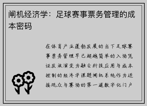 闸机经济学：足球赛事票务管理的成本密码